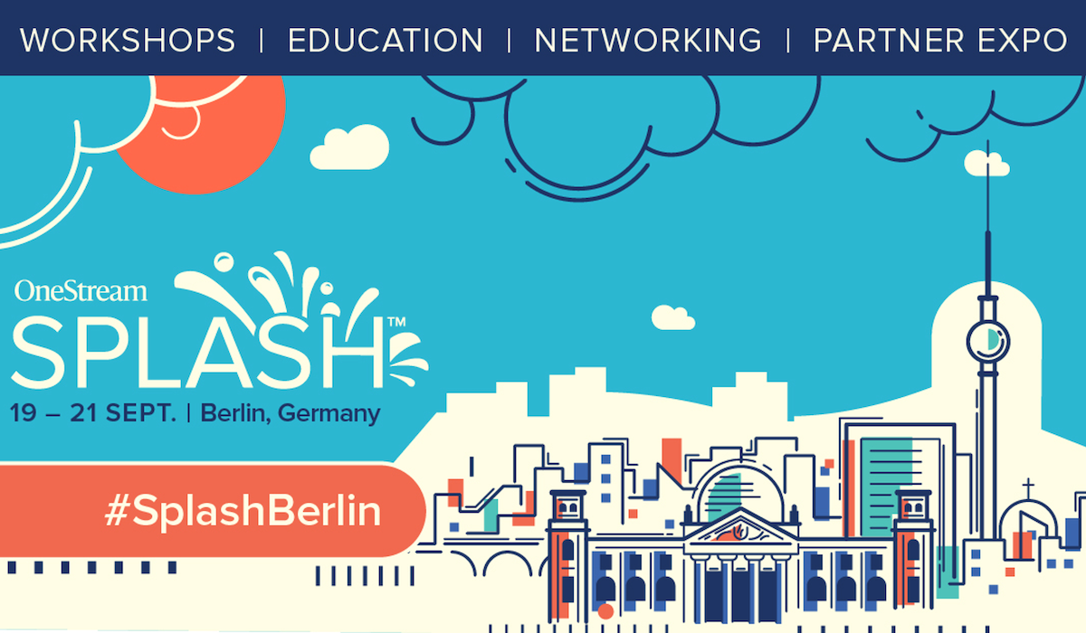 A promotional image for OneStream's Splash Conference in Berlin